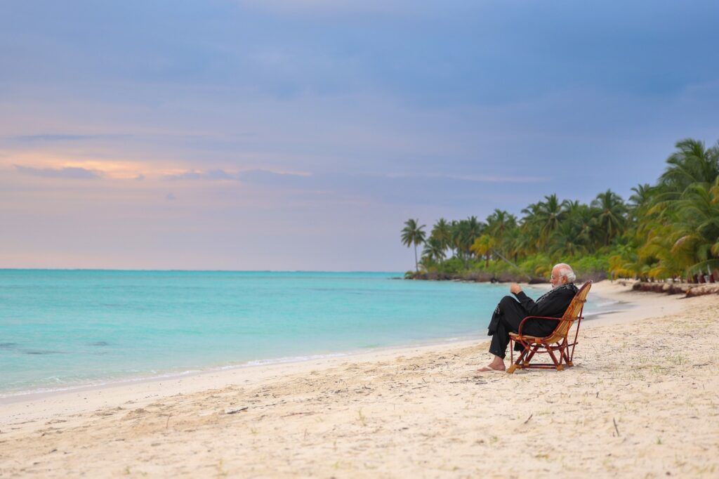 Prime Minister Modi at a beach in Lakshadweep. (X/@narendramodi)